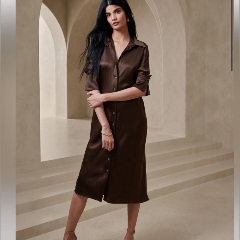 Banana Republic Brown Satin Midi Shirt Dress
